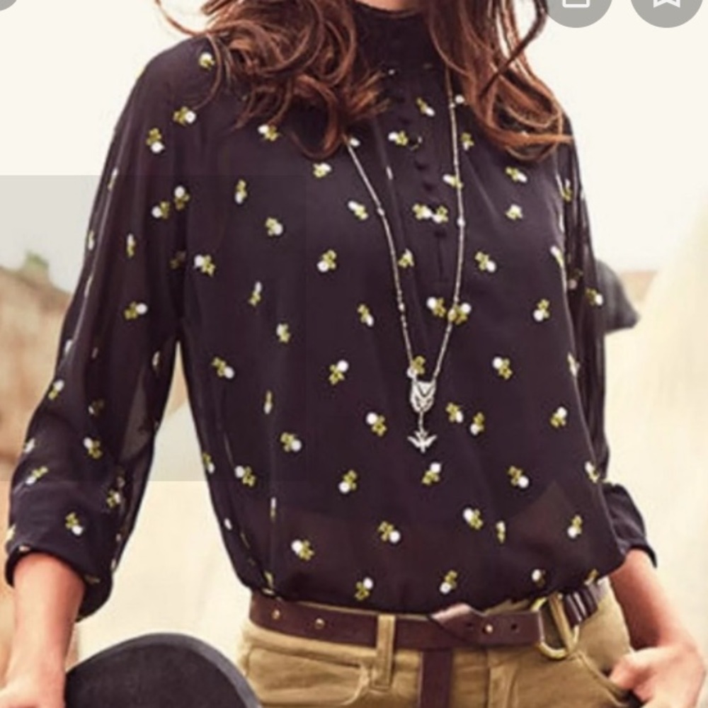 Cabi Black Embroidered Sheer Floral Smocked Neck Blouse Size XS